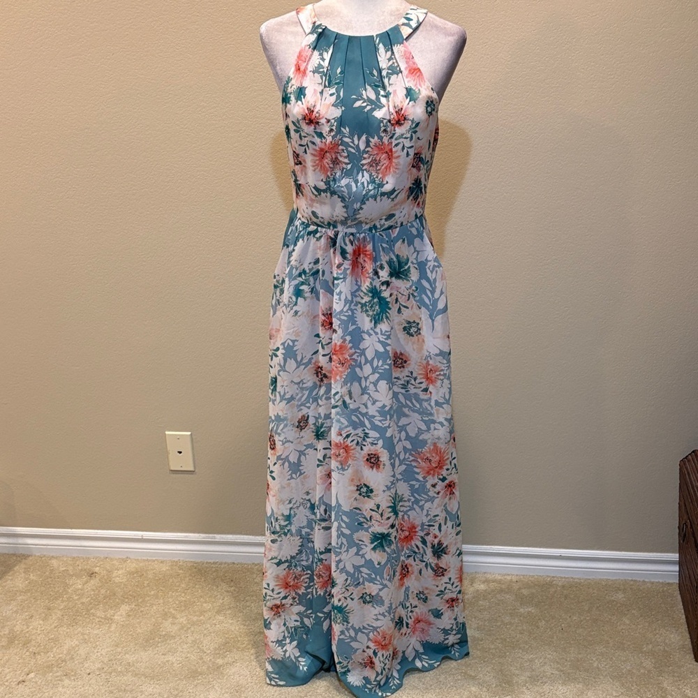 SL Fashions Floral Halter Maxi Dress Teal and Coral w/Tie Back & Pockets- Size 6